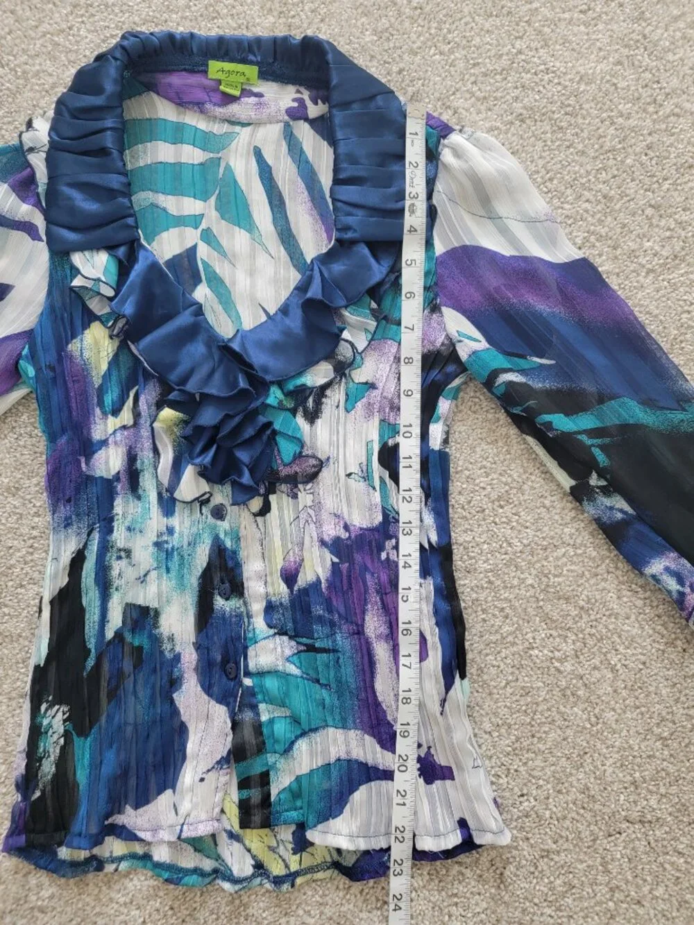Vintage Y2K Whimsigoth Agora Abstract Watercolor Crinkle Ruffle Blouse